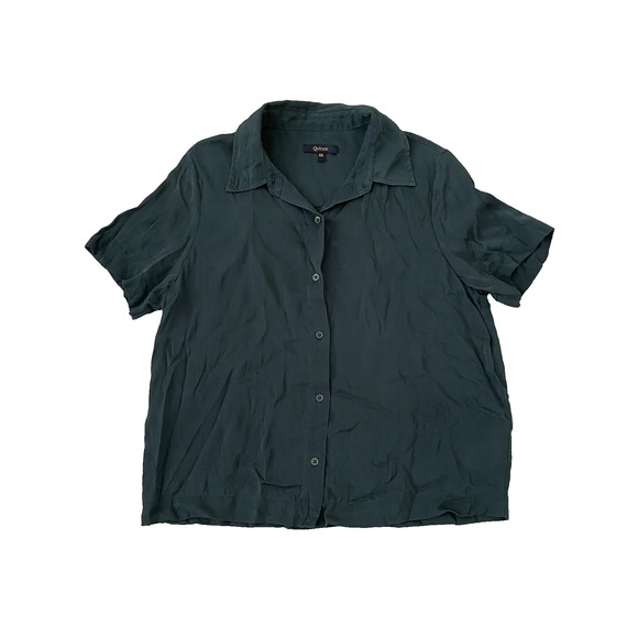 Quince Washable Stretch Silk Short Sleeve Blouse Button Up Women XS Forest Green - Picture 2 of 9